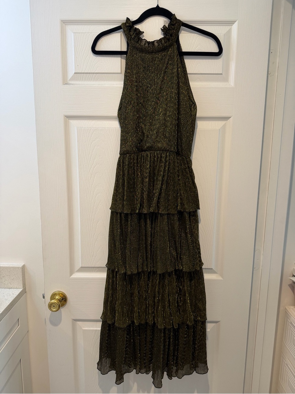 Vintage Olive Green Metallic Tiered Halter Maxi Dress